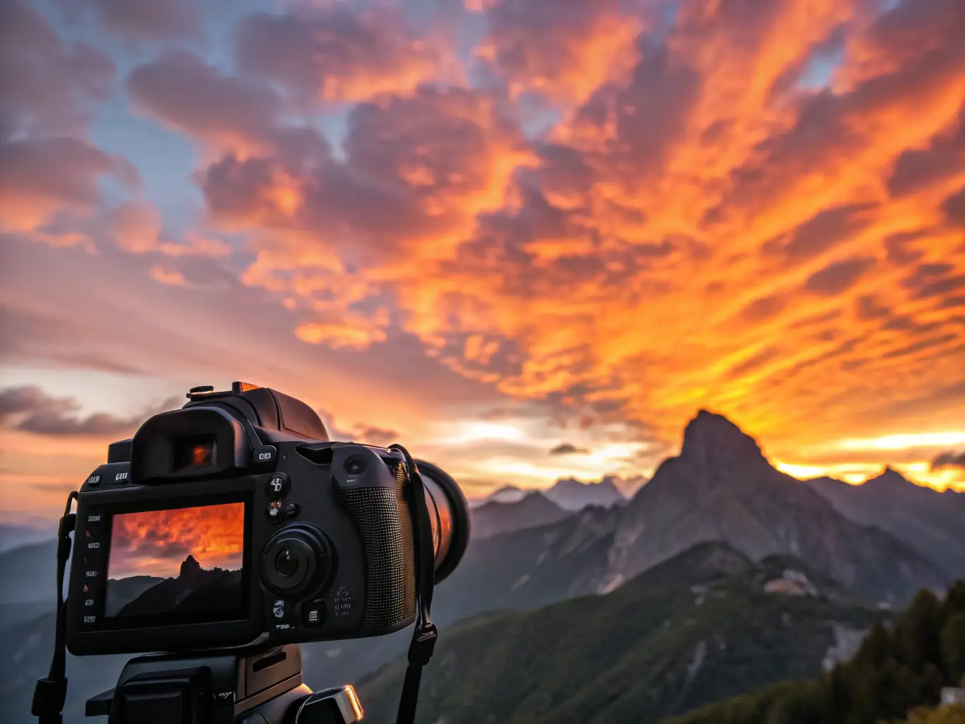 A photographer capturing a landscape scene at sunset, focusing on the interplay of light and shadow, suitable for postcard production by CASTELIER-PHOTO.