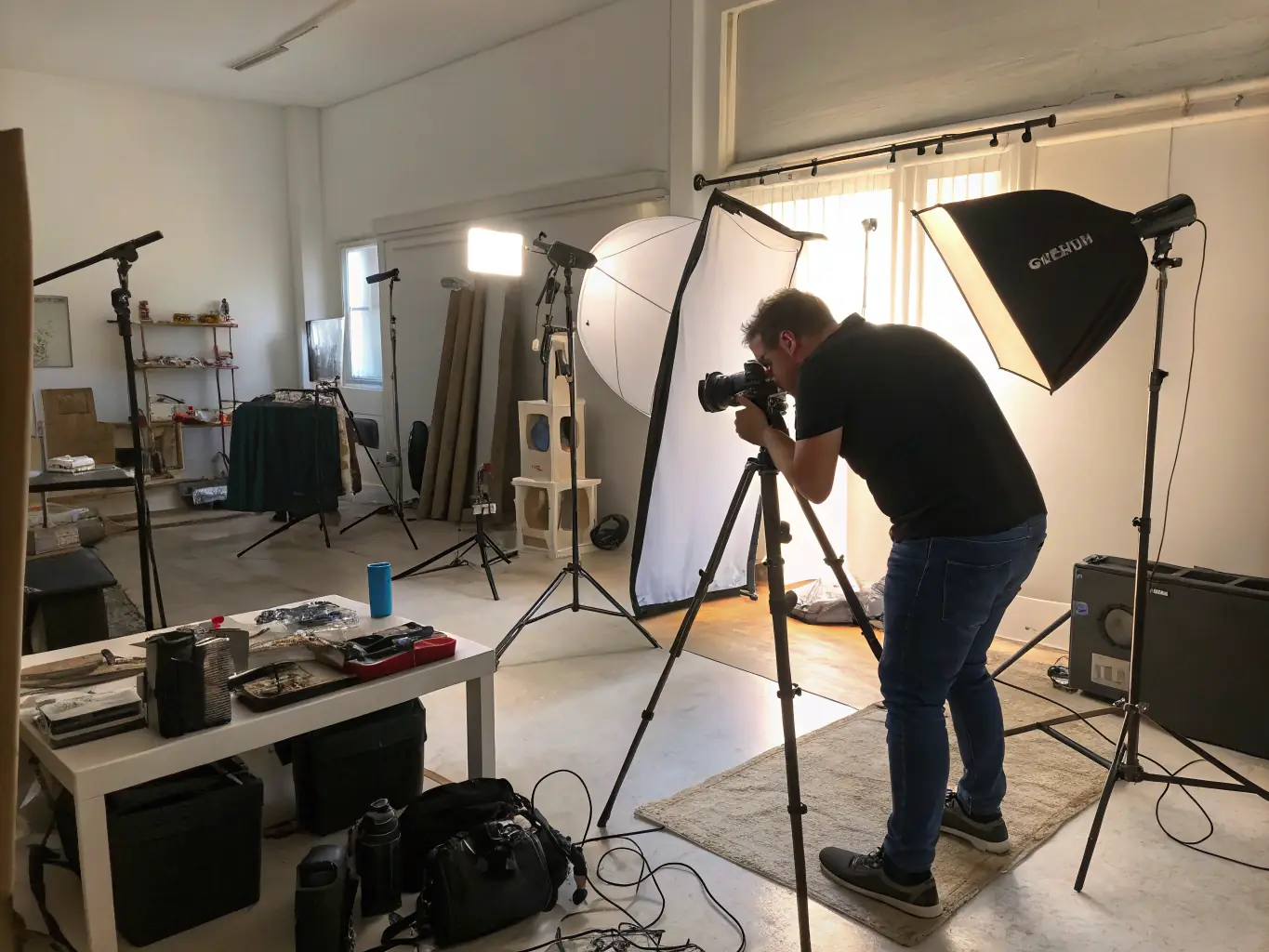 A photographer is setting up equipment in a studio, preparing for a portrait session. The image conveys professionalism and attention to detail.